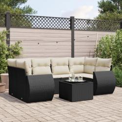 Salon de jardin 7 pcs avec coussins noir résine tressée