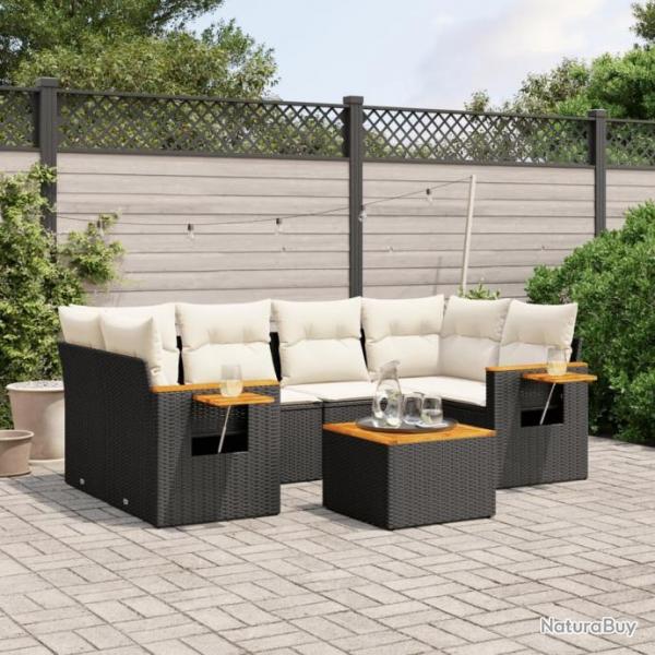 Salon de jardin 7 pcs avec coussins noir rsine tresse