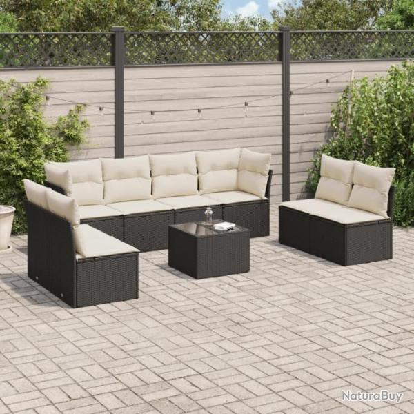 Salon de jardin 9 pcs avec coussins noir rsine tresse