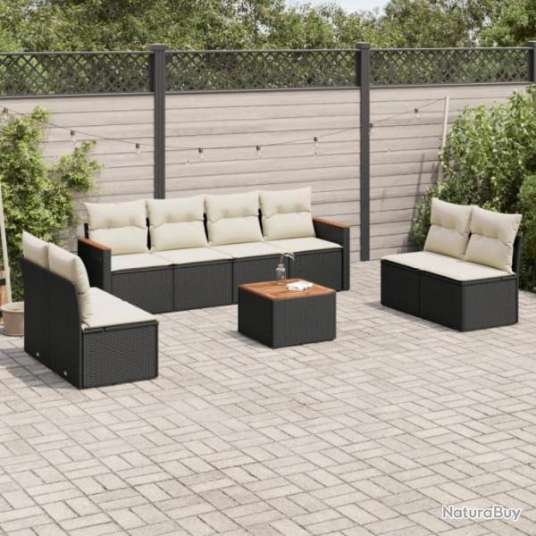 Salon de jardin 9 pcs avec coussins noir rsine tresse