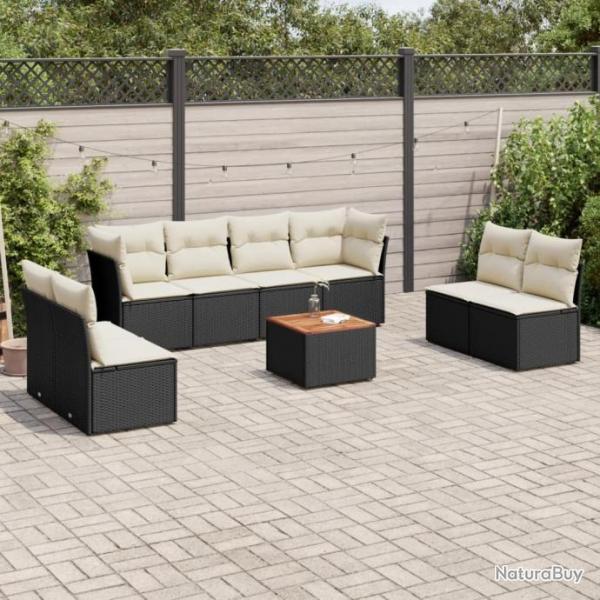 Salon de jardin 9 pcs avec coussins noir rsine tresse