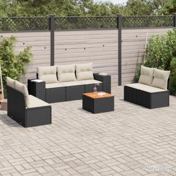 Salon de jardin 8 pcs avec coussins noir rsine tresse