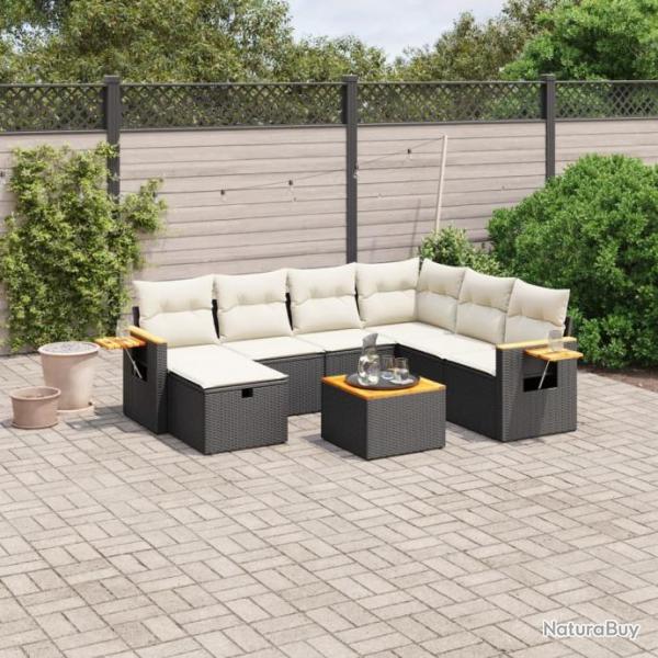 Salon de jardin 8 pcs avec coussins noir rsine tresse