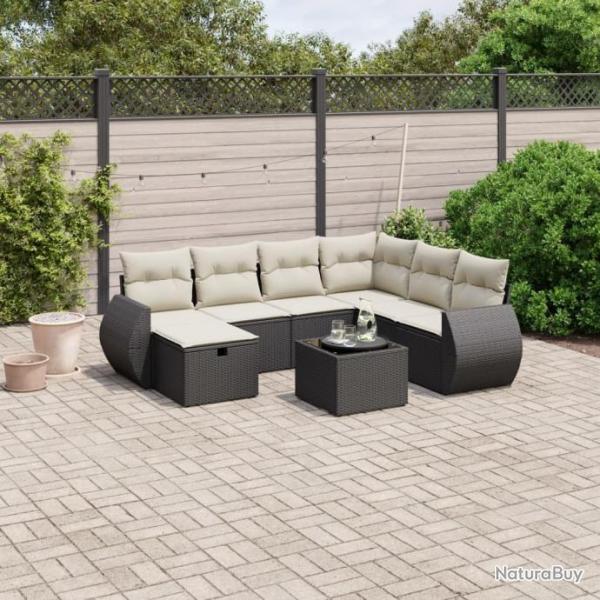 Salon de jardin 8 pcs avec coussins noir rsine tresse