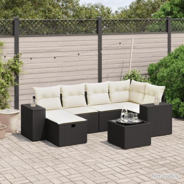 Salon de jardin 7 pcs avec coussins noir rsine tresse