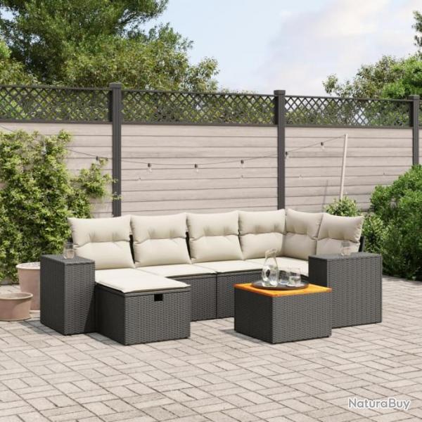 Salon de jardin 7 pcs avec coussins noir rsine tresse