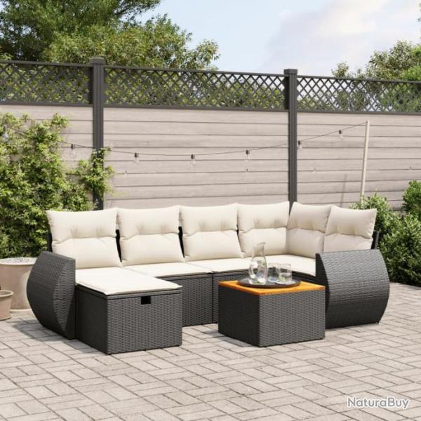 Salon de jardin 7 pcs avec coussins noir rsine tresse