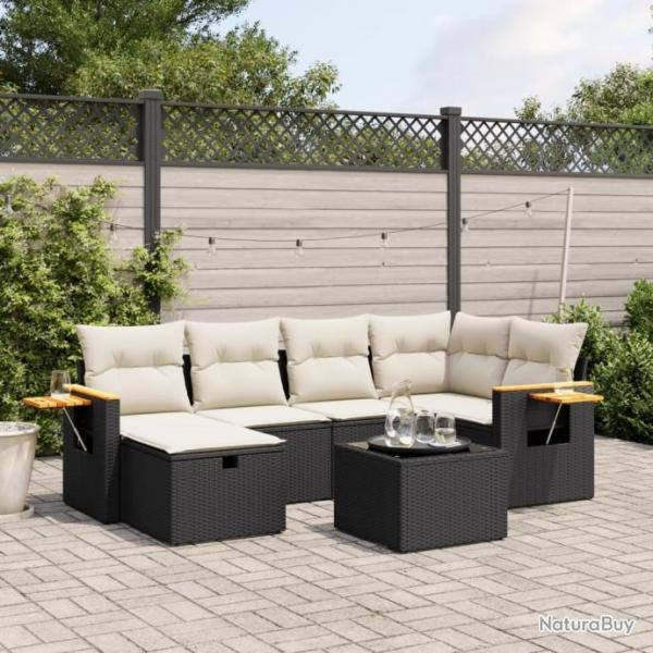 Salon de jardin 7 pcs avec coussins noir rsine tresse