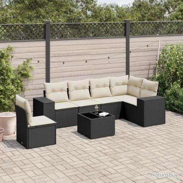 Salon de jardin 7 pcs avec coussins noir rsine tresse