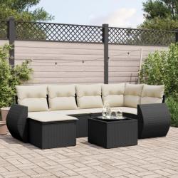 Salon de jardin 7 pcs avec coussins noir résine tressée