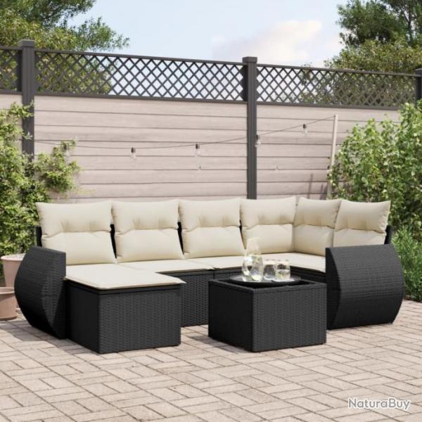 Salon de jardin 7 pcs avec coussins noir rsine tresse