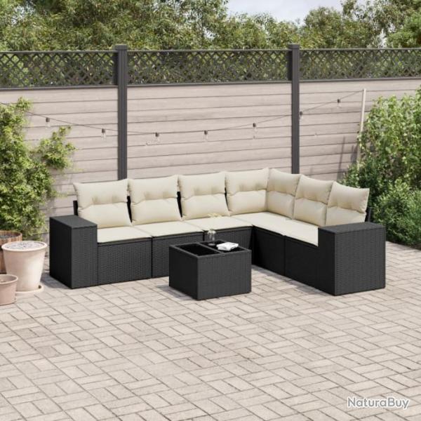 Salon de jardin 7 pcs avec coussins noir rsine tresse