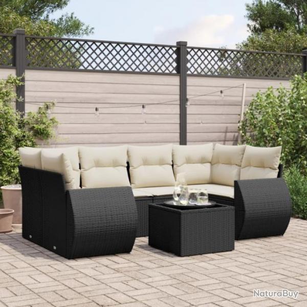 Salon de jardin 7 pcs avec coussins noir rsine tresse