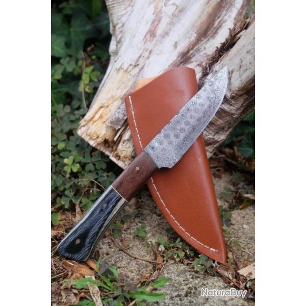 Skinner Couteau de Chasse Damas Lame Trailling Point 256 Couches Manche 2 Bois F Artisanat Etui Cuir