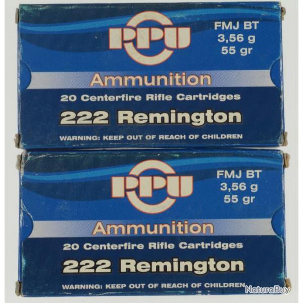 40 cartouches (2x20) .222 REM - PPU ogive 55 grains "FMJ BT"