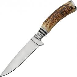 Couteau De Chasse Hunter Stag Manche Bois de Cerf Lame Acier Inox Etui Cuir PA203455