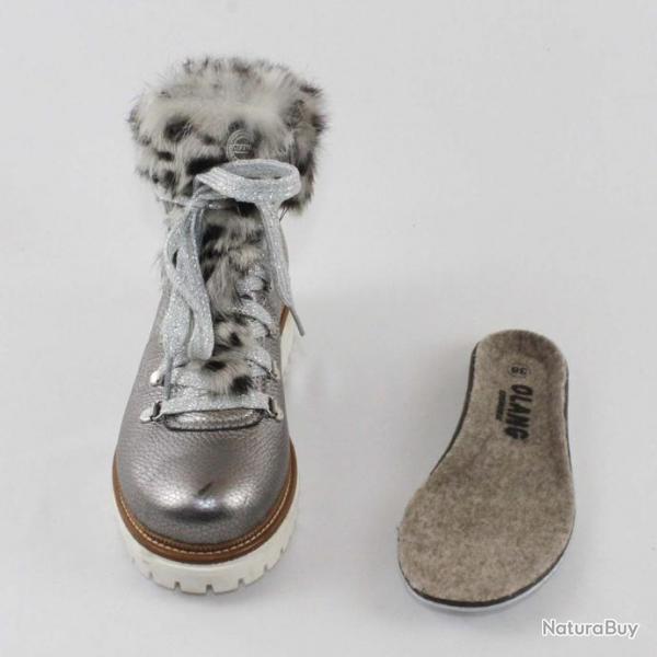 Boots femme en cuir mtallis fourre mouton et col lapin lopard - Olang CORONA 38 38 argent semell