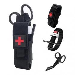 Ensemble Garrot + Porte-garrot velcro noir + ciseaux médicaux noir + patch croix rouge/noir