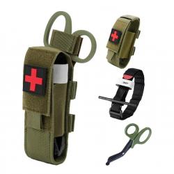 Ensemble Garrot + Porte-garrot velcro kaki + ciseaux médicaux kaki + patch croix rouge/noir