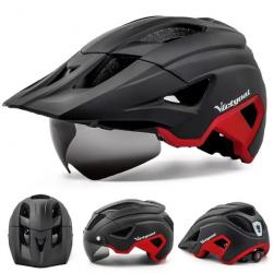 Casque Vélo Homme avec Lumière LED Lunettes Magnétiques Détachables Visière 57-62cm Noir/Rouge