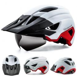 Casque Vélo Homme avec Lumière LED Lunettes Magnétiques Détachables Visière 57-62cm Blanc/Rouge