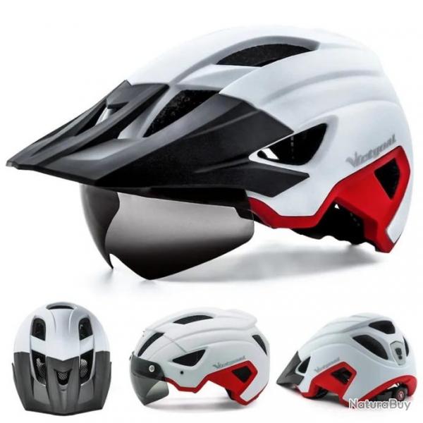 Casque Vlo Homme avec Lumire LED Lunettes Magntiques Dtachables Visire 57-62cm Blanc/Rouge