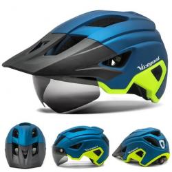 Casque Vélo Homme avec Lumière LED Lunettes Magnétiques Détachables Visière 57-62cm Bleu/Jaune