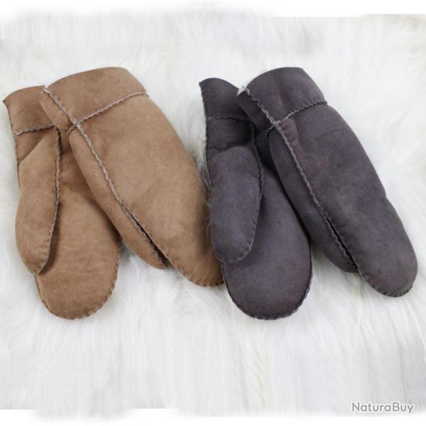 Moufles homme et femme chaudes en peau d'agneau retourne  moka 11 cm