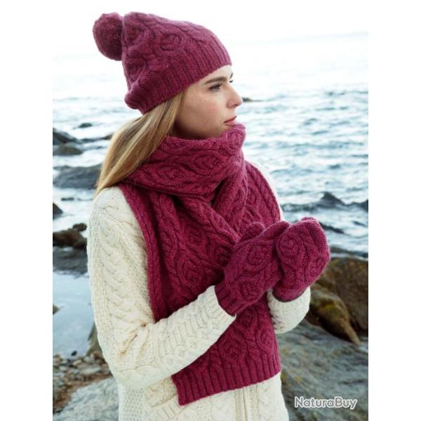 Bonnet chaud pompon pure laine mrinos cru ou framboise rose framboise