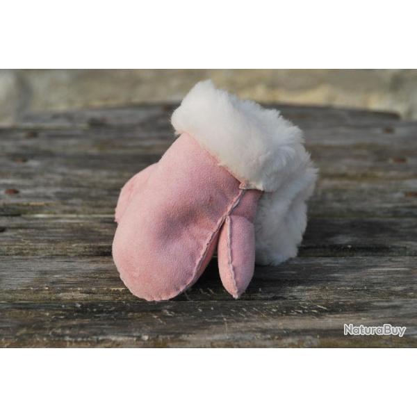 Moufles enfant et femme en luxueuse peau d'agneau rose  0 cm