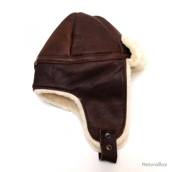 Chapkas aviateur en peau d'agneau et cuir brun 2XL
