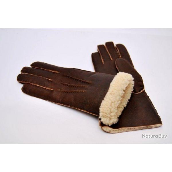 Gants chauds peau d'agneau laine type aviateur brun 9,5 cm