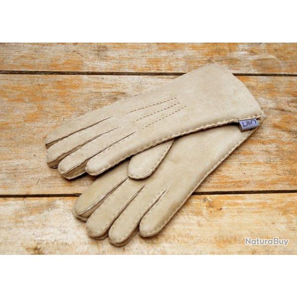 Gants chauds luxueux peau d'agneau laine type aviateur beige 9 cm