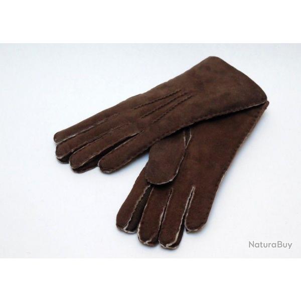 Gants chauds luxueux peau d'agneau laine type aviateur marron fonc 9,5 cm