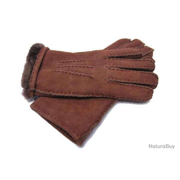 Gants chauds luxueux peau d'agneau laine type aviateur brun 10 cm