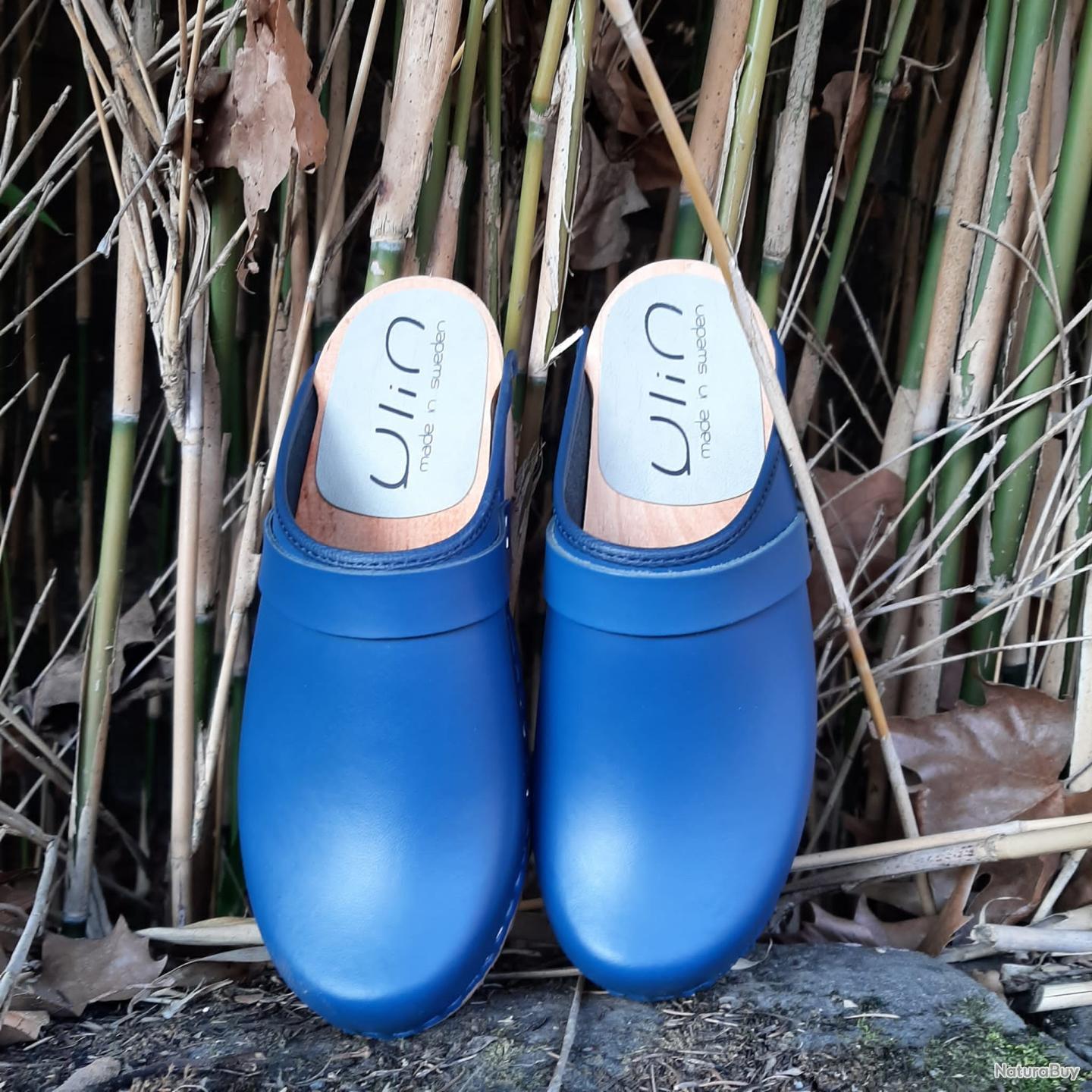 Sabots bois femme suédois et cuir lisse cuir bleu cobalt Sabots