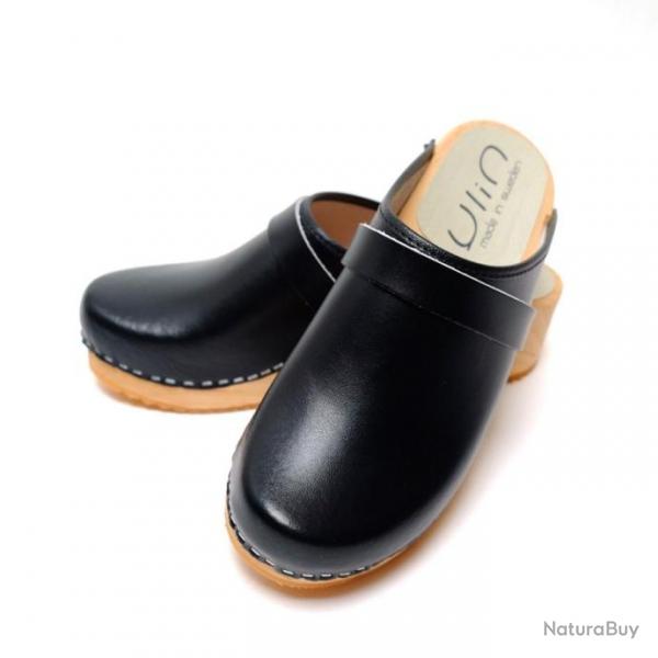 Sabot homme sudois bois et cuir lisse cuir noir