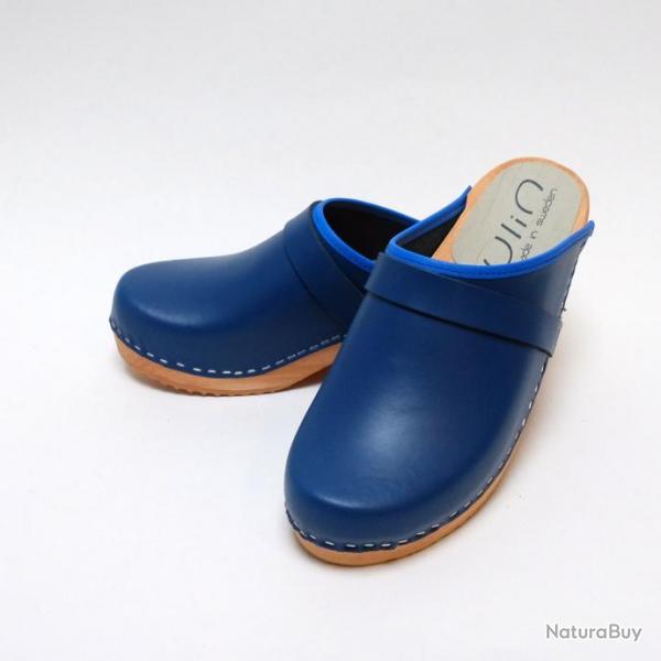 Sabot homme sudois bois et cuir lisse cuir bleu cobalt