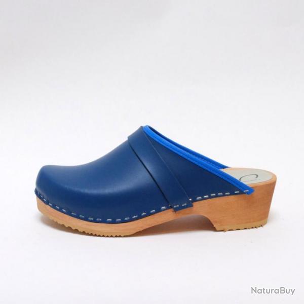 Sabot homme sudois bois et cuir lisse cuir bleu cobalt