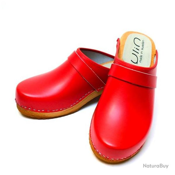 Sabot homme sudois bois et cuir lisse cuir rouge carlate