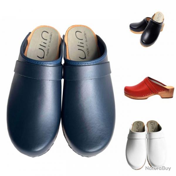 Sabot homme sudois bois et cuir lisse cuir bleu marine