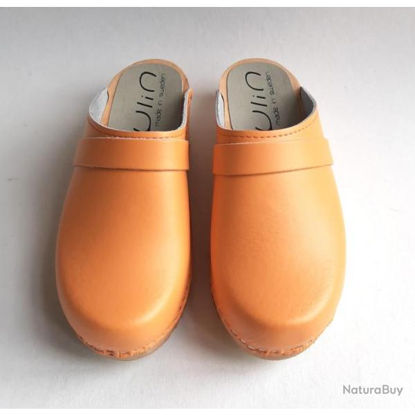 Sabot homme sudois bois et cuir lisse cuir orange