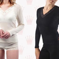 Maillot femme décolleté V dentelle laine mérinos et soie manches longues noir ou écru blanc écru XL 