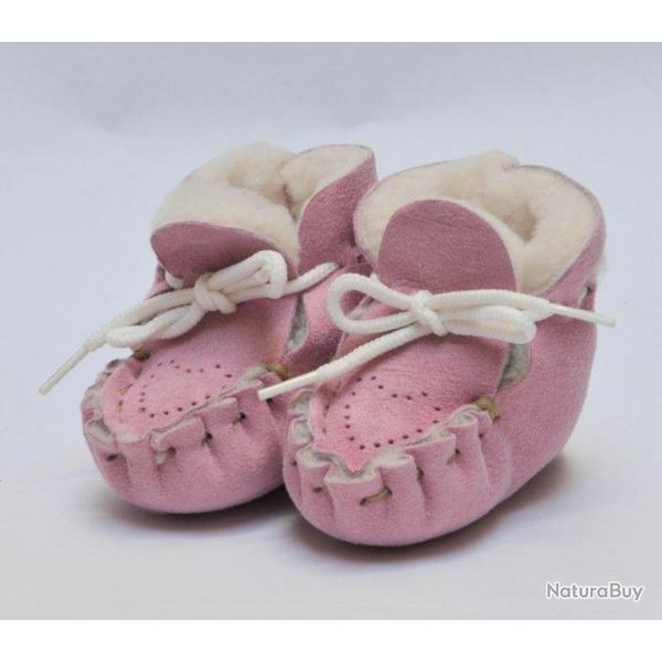 Chaussons de bbs peau d'agneau vritable rose  Taille 2