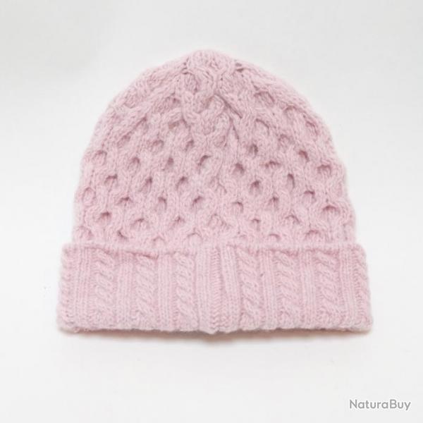 Bonnet cachemire et laine avec grosses torsades  rose pale