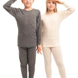 Maillot de corps ou Haut de pyjama enfant laine et soie rayé manches longues gris  130-140 cm