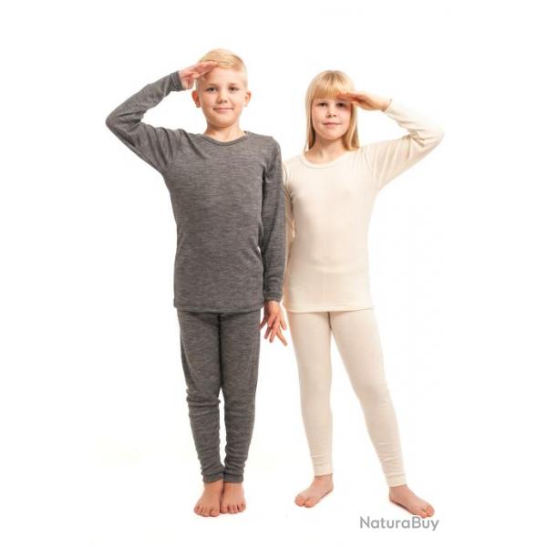 Maillot de corps ou Haut de pyjama enfant laine et soie ray manches longues gris  130-140 cm