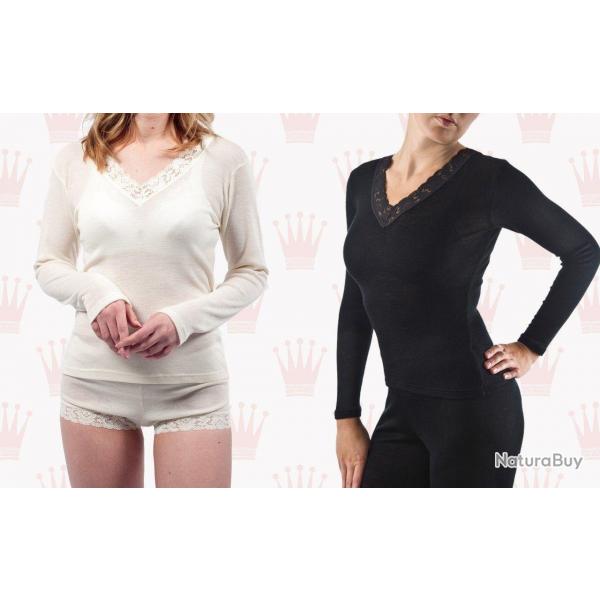 Maillot femme micromodal dcolet V cru ou noir manches longues noir  2XL