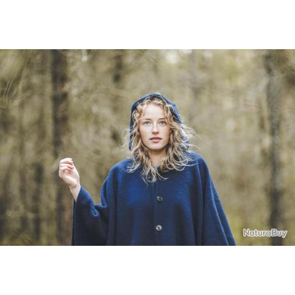 Manteau Cape femme chaud en pure laine avec capuche et boutons bleu nuit