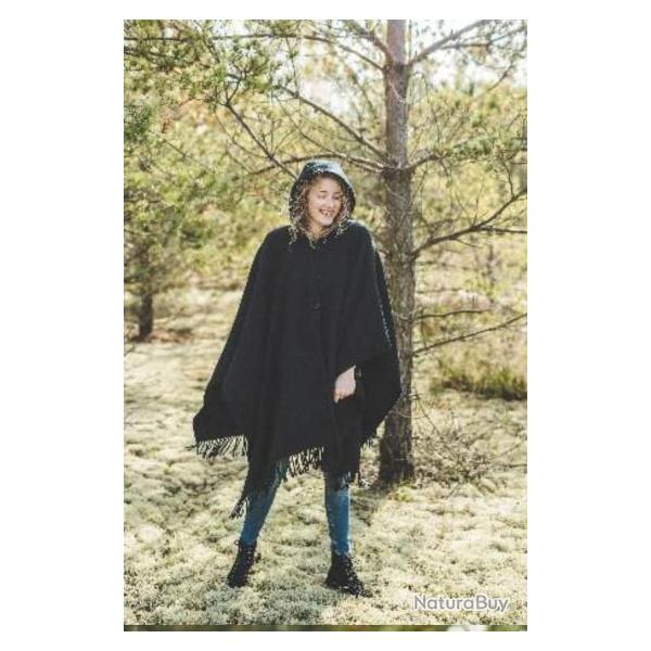 Manteau Cape femme chaud en pure laine avec capuche et boutons noir